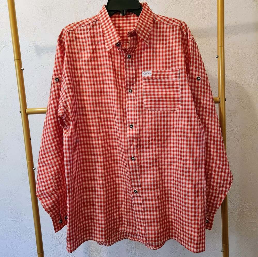 Edelnice Trachten Shirt Size XL Red Gingham Long Sleeve Bavarian Check